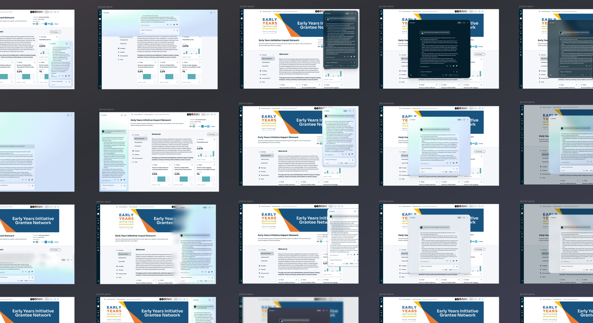 A Figma board with many Beacon chat interface explorations over a Metaimpact page.
