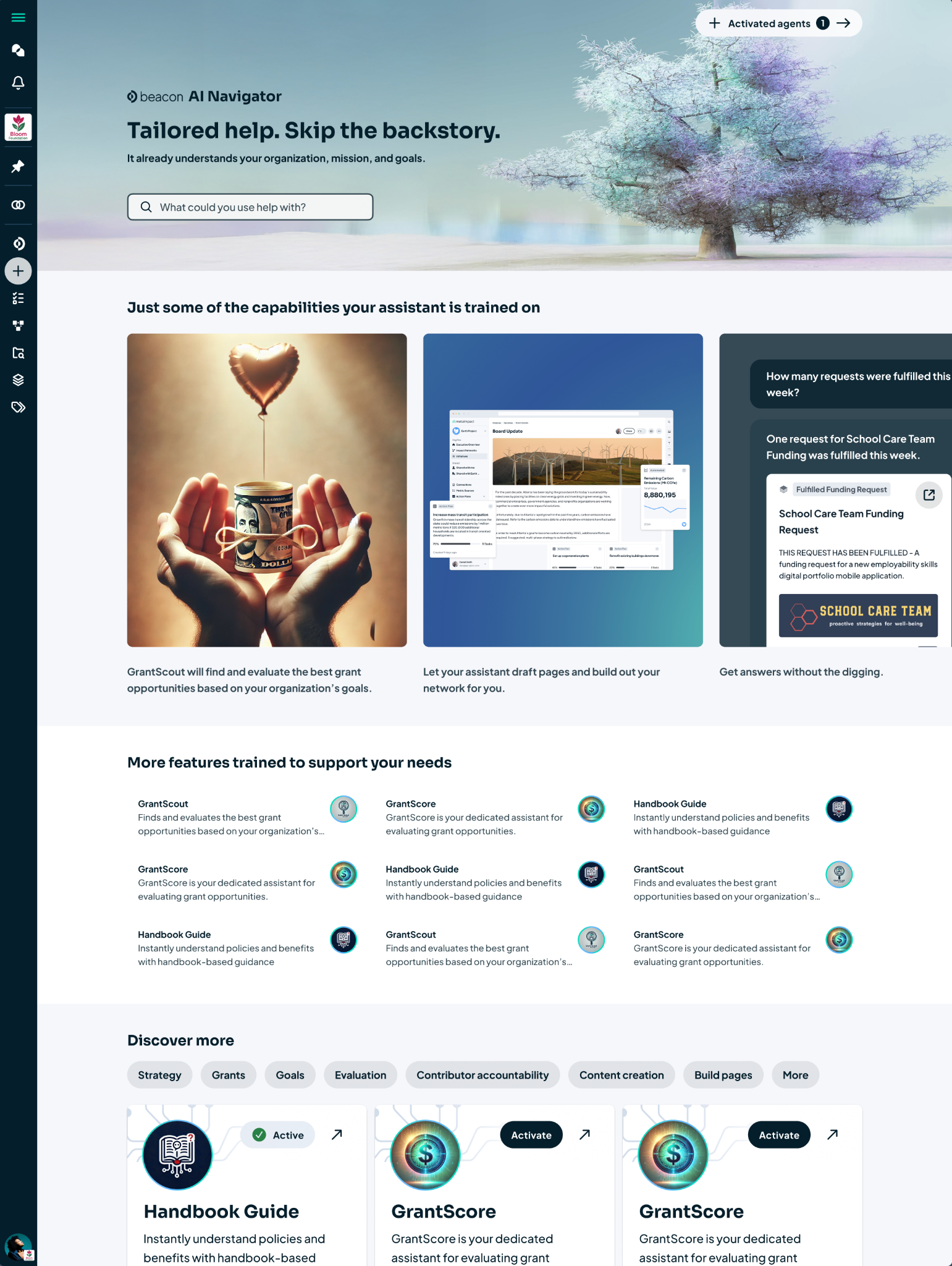 Beacon AI Navigator landing page showing capabilities, activated agents and agent discovery.