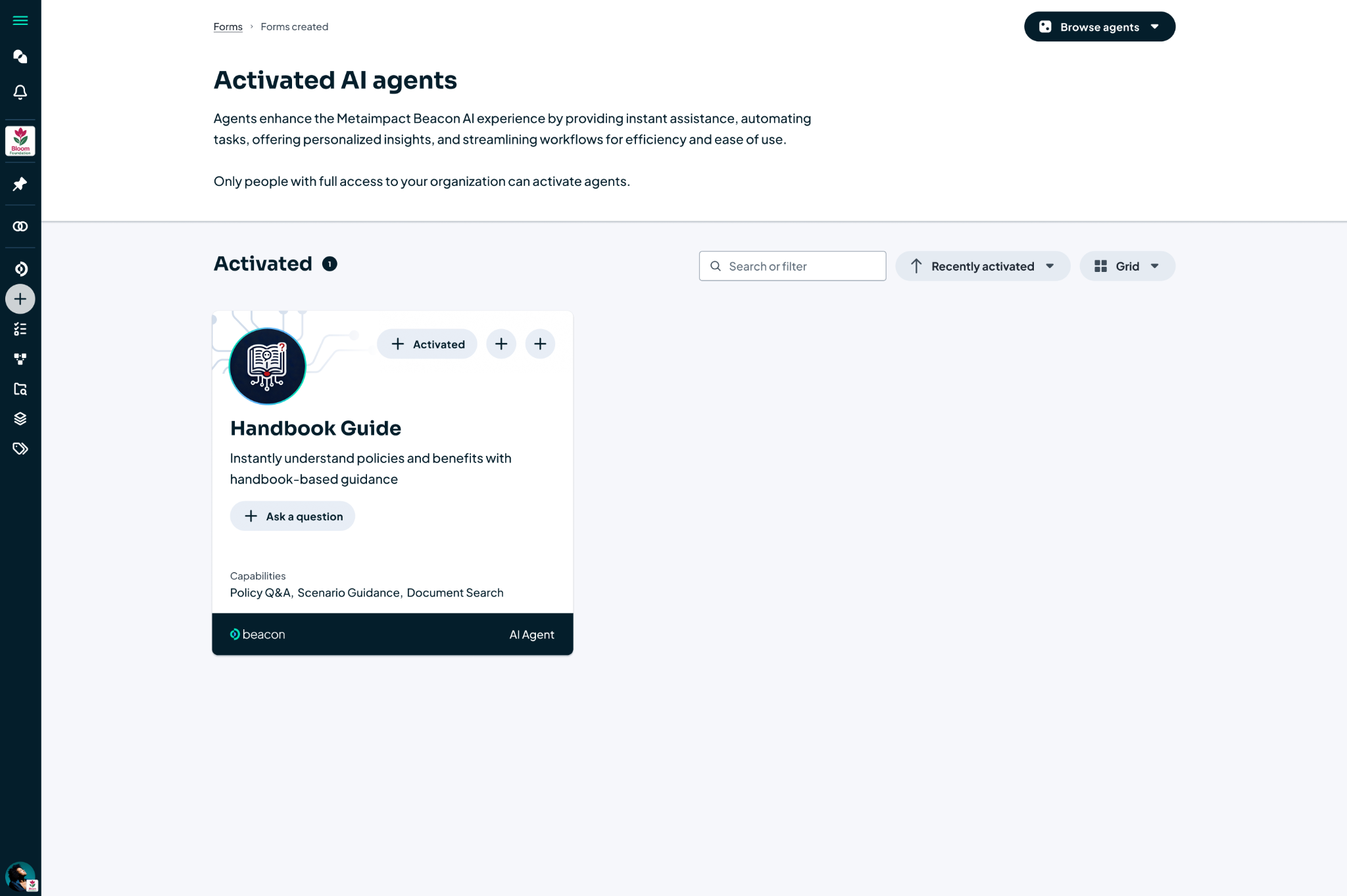 Simple activated AI agents list page.