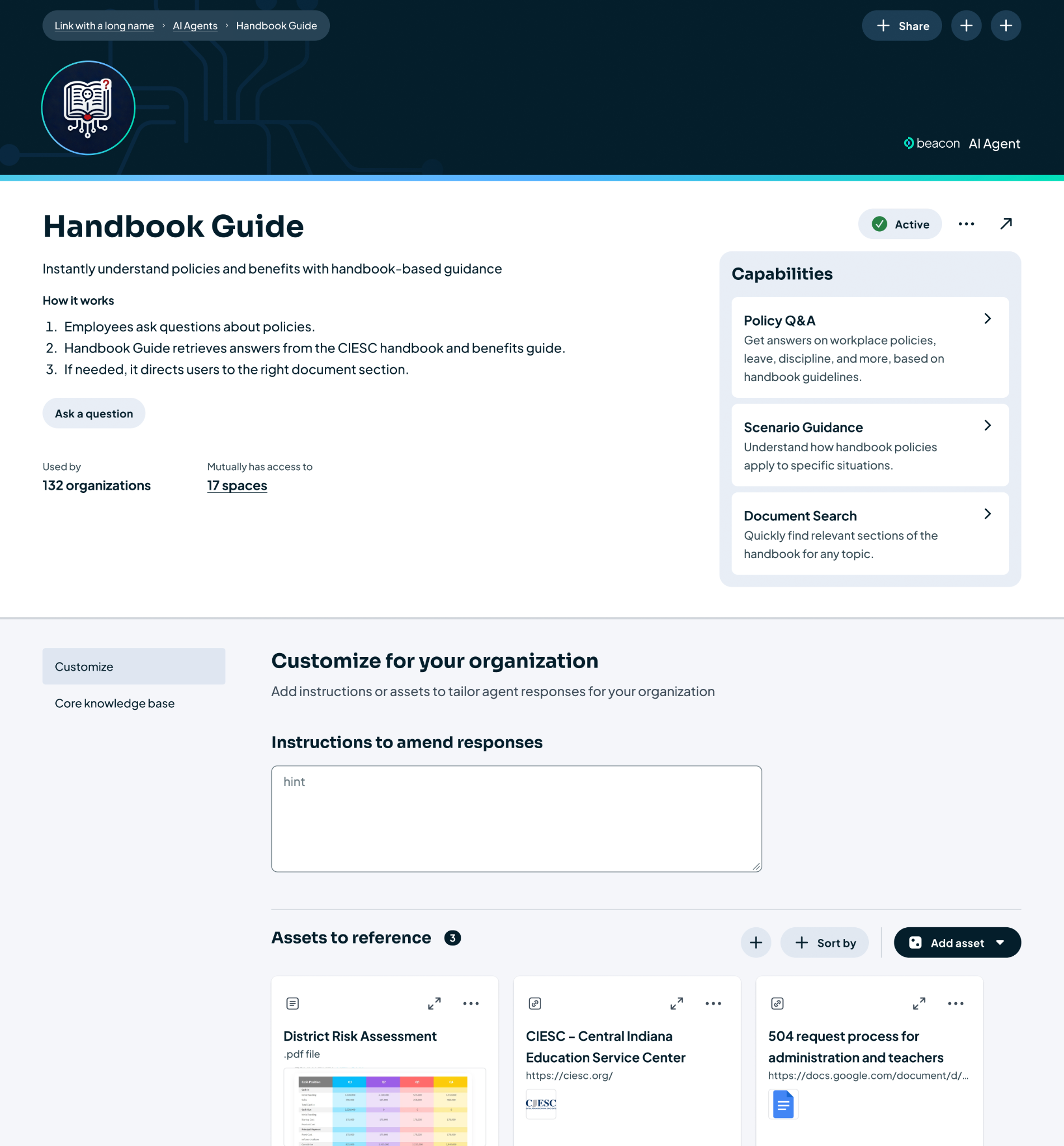 AI agent profile with capabilities and customization.